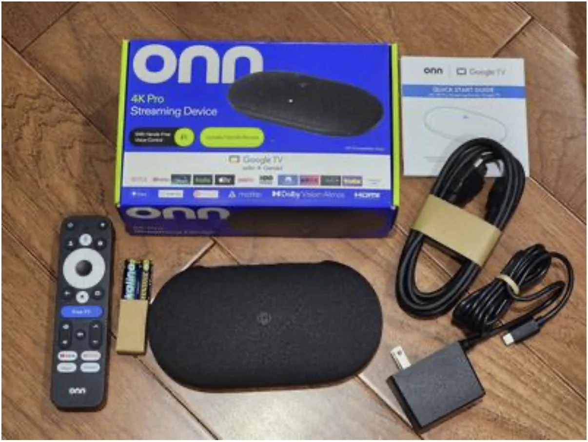 Onn 4K Pro unboxing — remote, device, cables and quick start guide