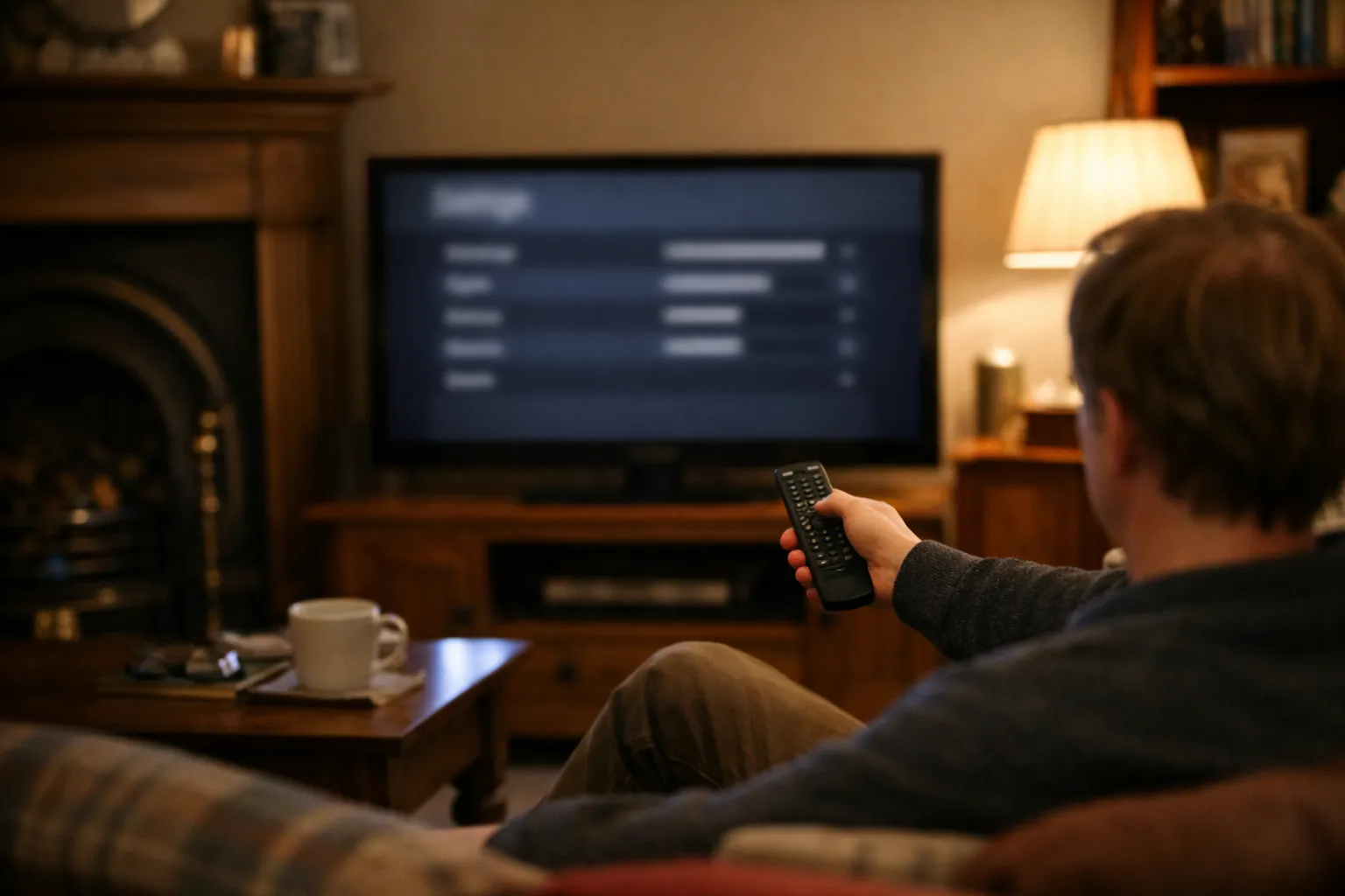 A person on a sofa pointing a remote at a TV showing a settings menu