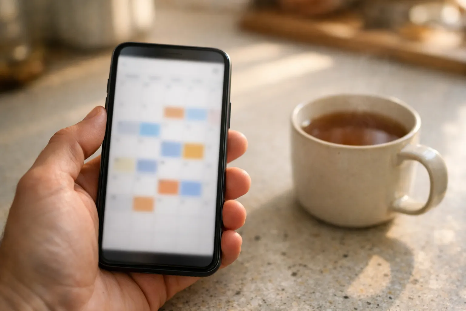 A hand holding a smartphone with a calendar app open, beside a mug of tea