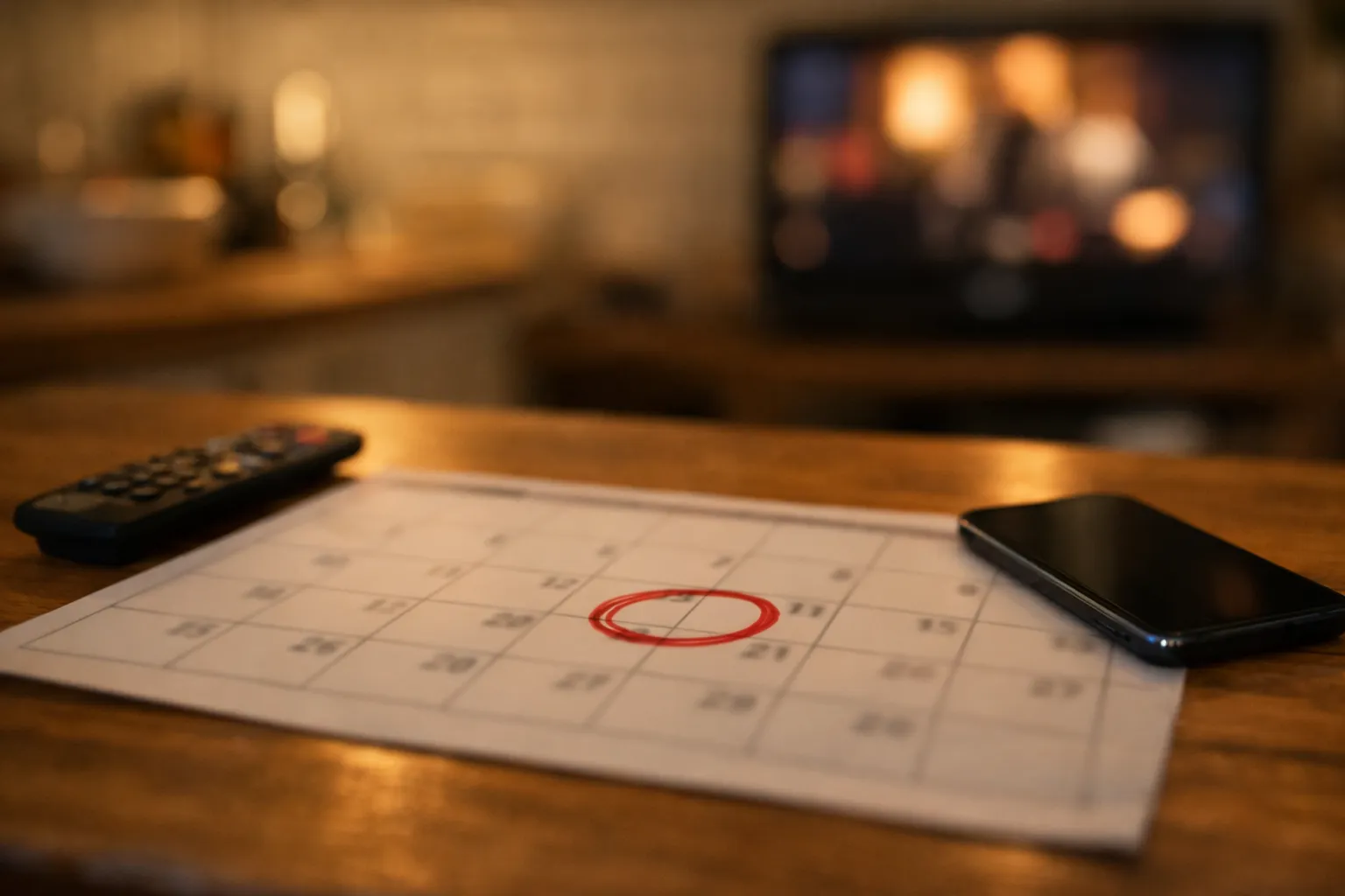 A paper calendar on a kitchen table with one date circled in red, beside a TV remote and a smartphone