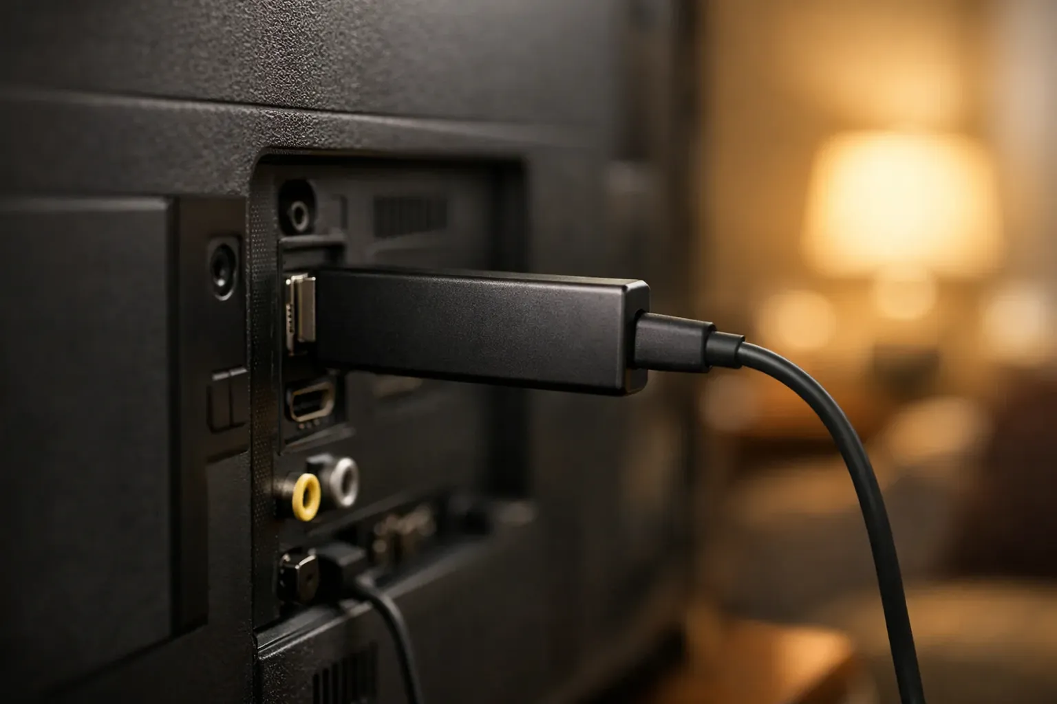 A streaming stick plugged into the HDMI port on the back of a TV