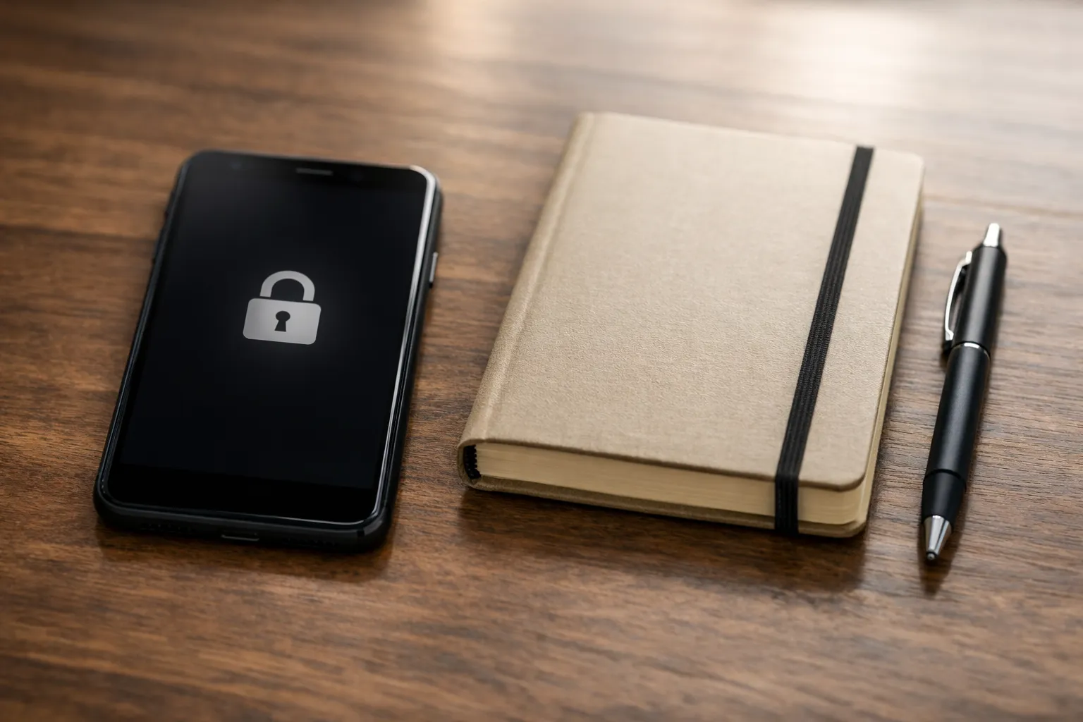 A locked smartphone on a desk beside a closed notebook and a pen