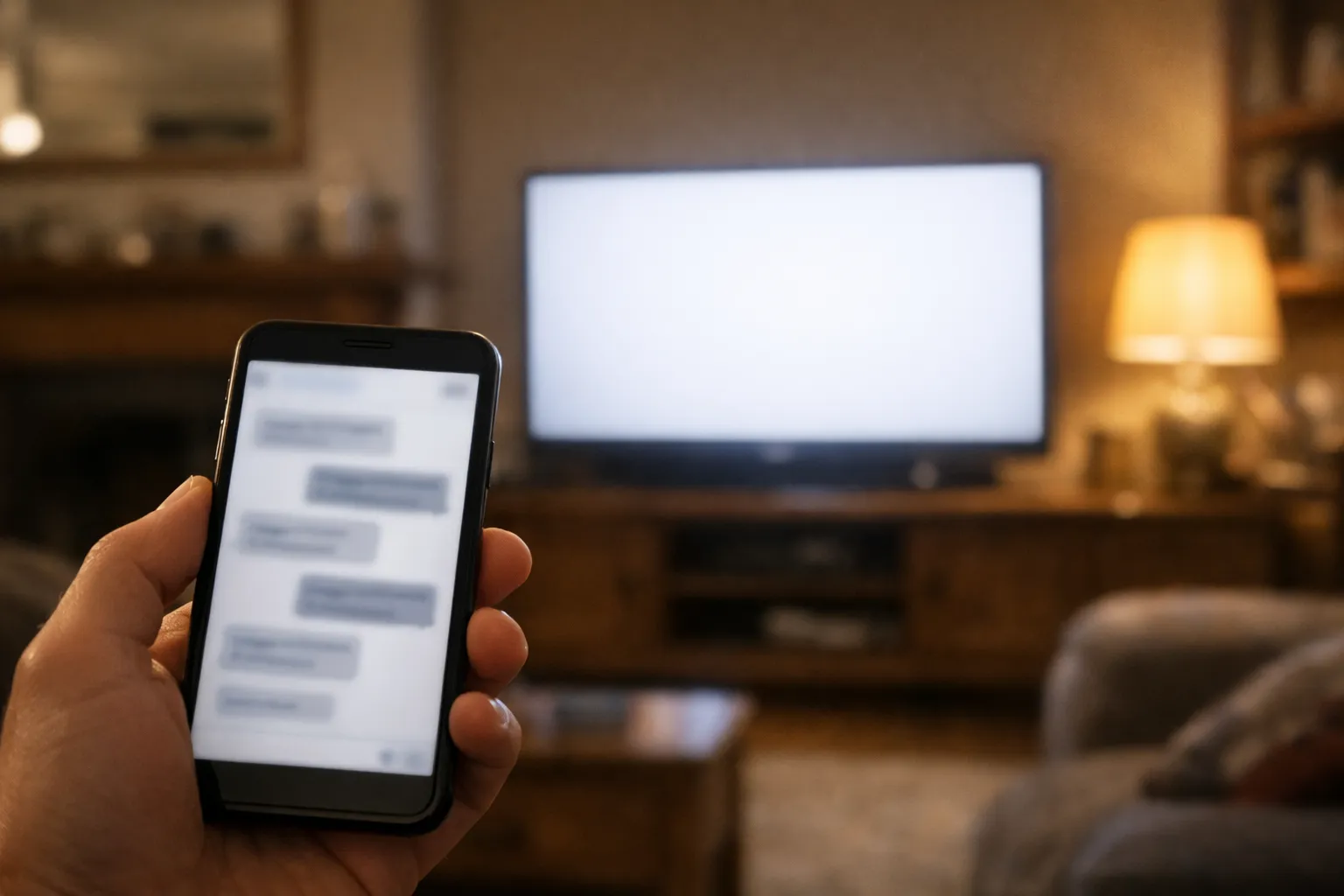 A hand holding a smartphone with a messaging chat open, in front of a TV showing a blank screen