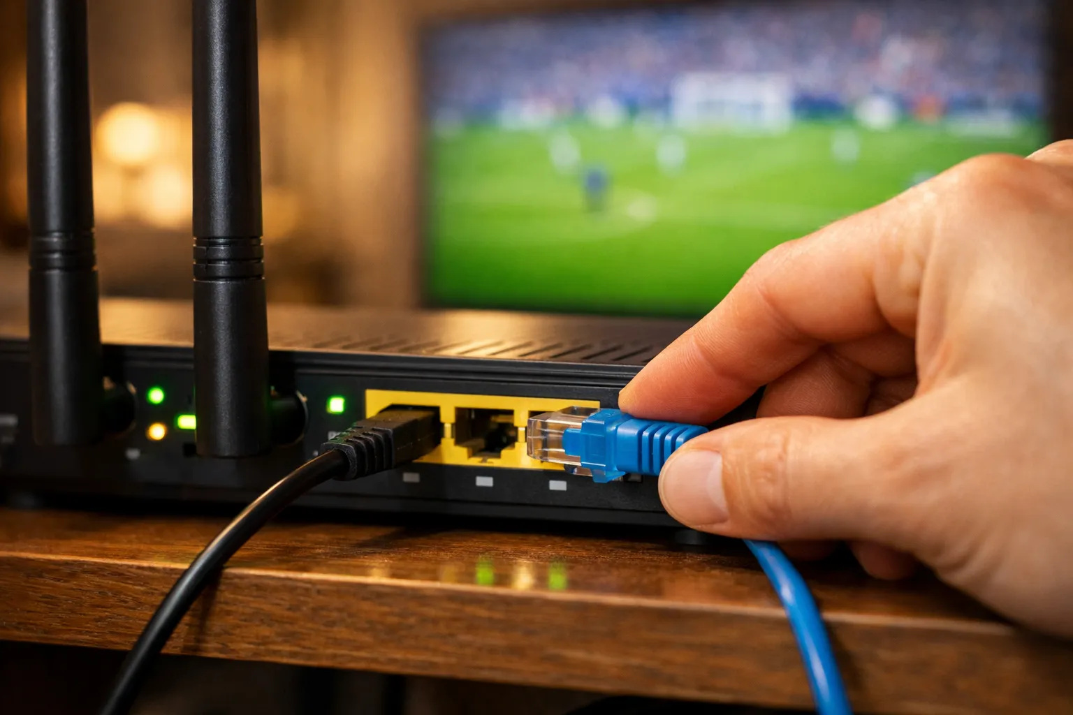 Testing internet speed for IPTV with a wired connection — an Ethernet cable being plugged into a home router