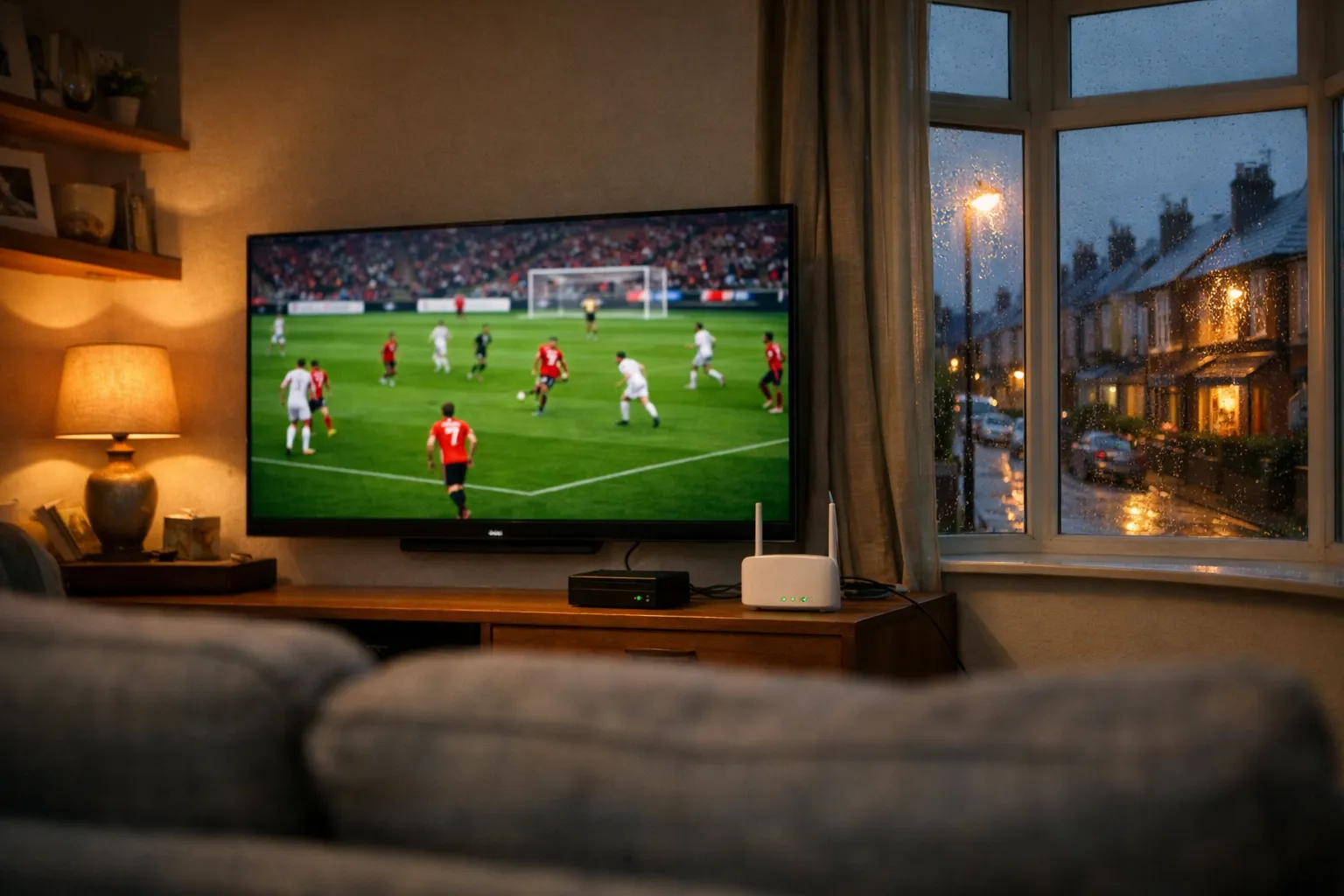 Internet speed for IPTV in a UK living room — a television streaming live football beside a router and Ethernet cable
