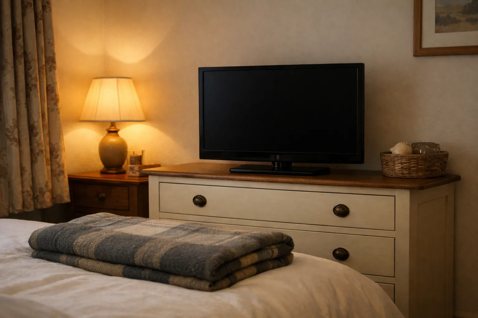 A smaller TV on a chest of drawers in a bedroom, lit by a bedside lamp