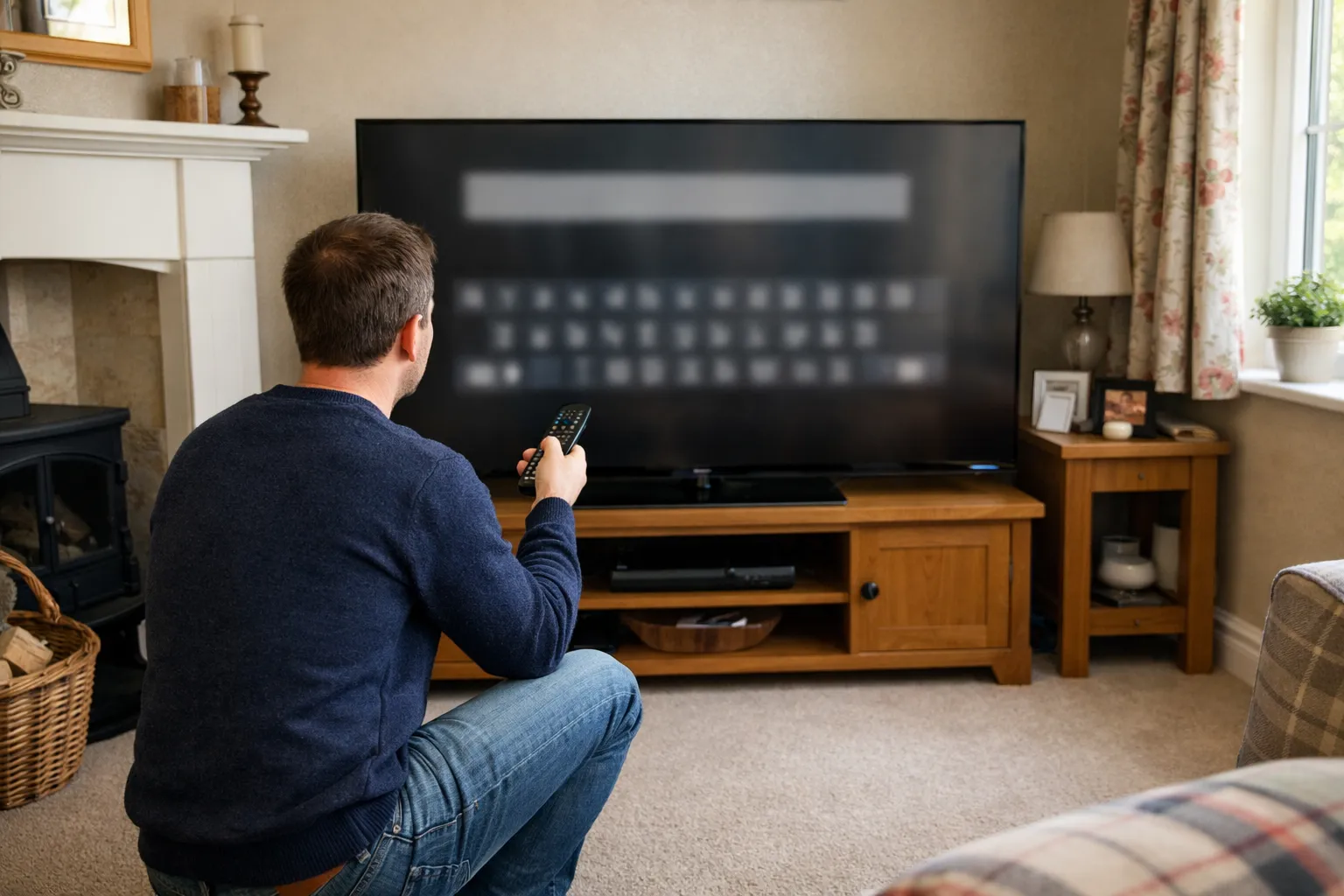 A man kneeling in front of a new TV, entering details on an on-screen keyboard with the remote