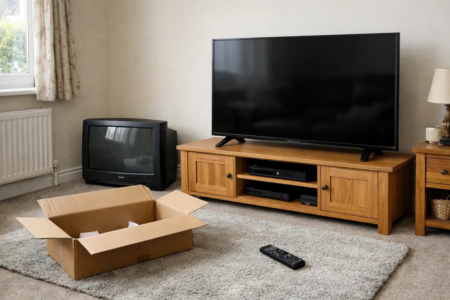 A new flat-screen TV on a wooden stand, with the old television and an empty box on the living-room floor