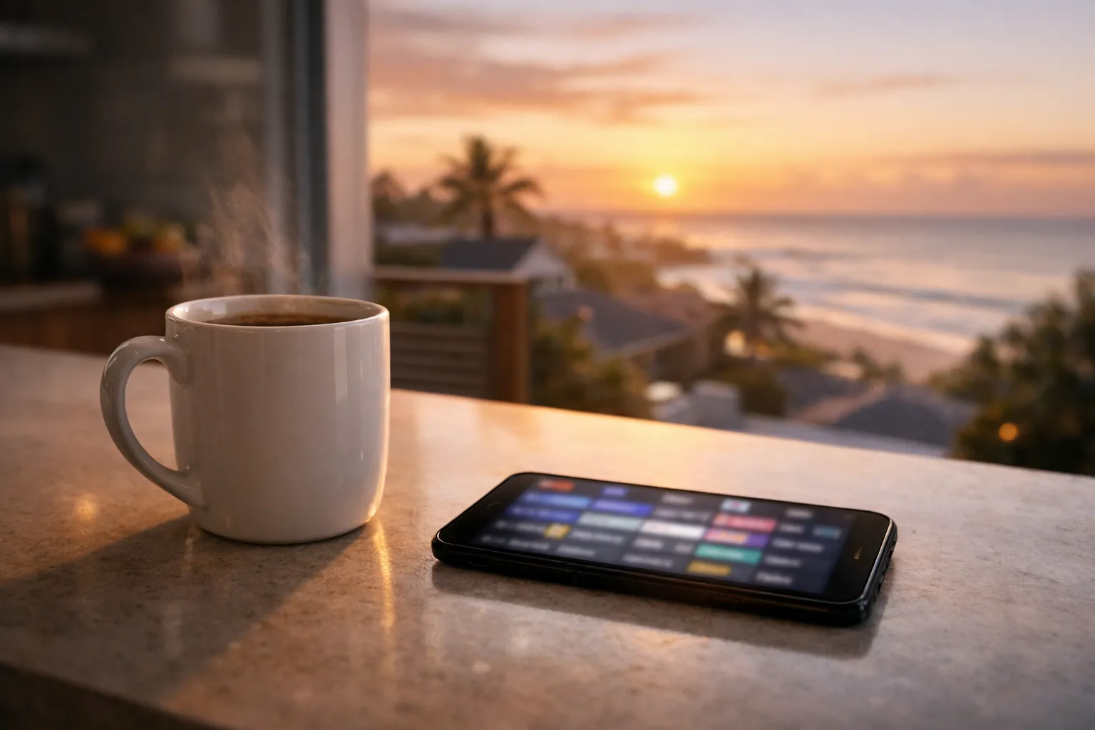 UK TV in Australia at breakfast — a phone showing a television guide beside a coffee at dawn, with a beach suburb through the window