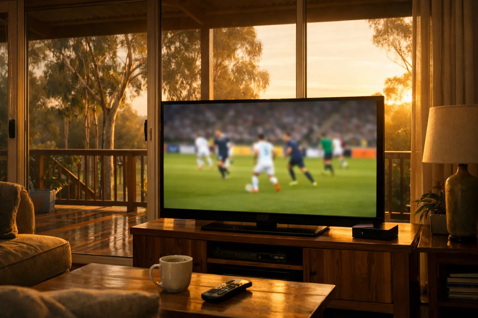 Watching UK TV in Australia — a living room television showing live football at sunrise, with eucalyptus trees and a veranda outside