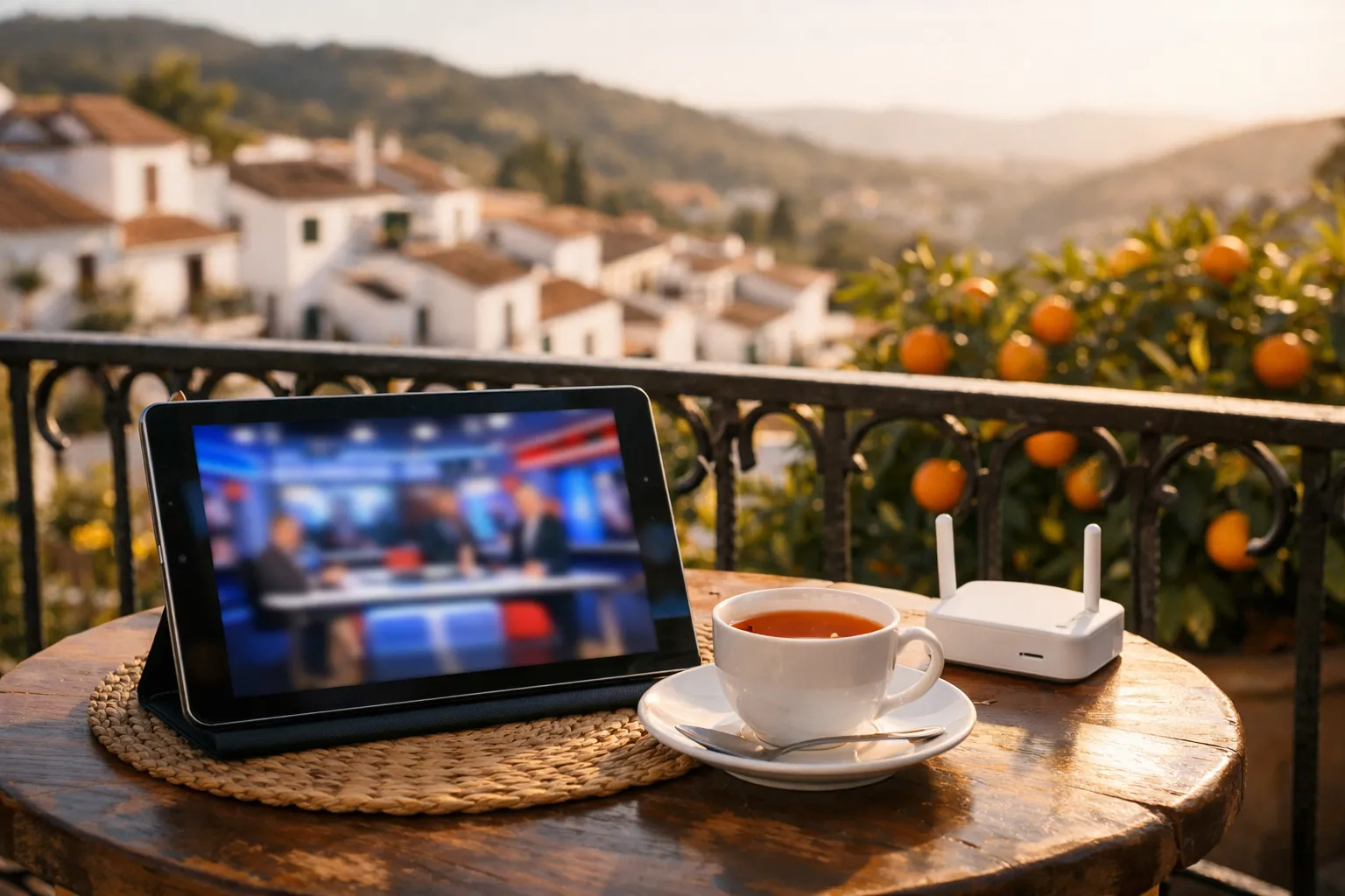 UK TV in Spain on a tablet — a British news broadcast playing on a balcony beside a cup of tea and a Wi-Fi router