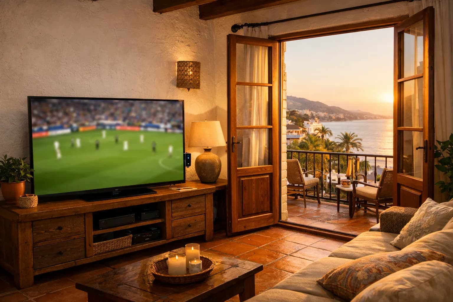 Watching UK TV in Spain — a living room television showing live football, with the Mediterranean through the balcony doors
