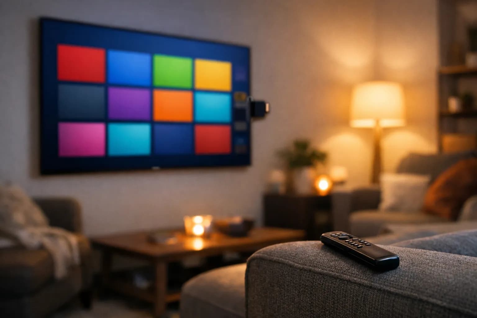 A wall-mounted smart TV in a UK living room showing a grid of app tiles, with a small streaming stick plugged into its side