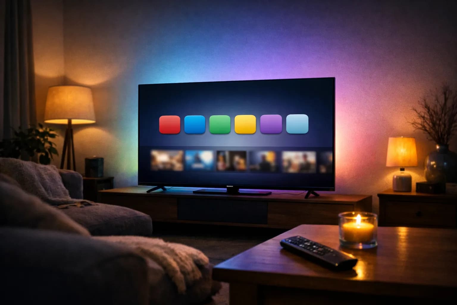 A smart TV with soft ambient light glowing on the wall behind it, showing a row of app tiles on its home screen
