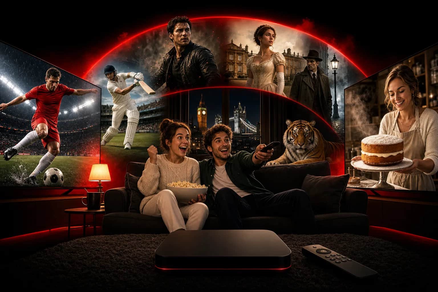 Illustration of a couple cheering on a sofa in a London flat at night, surrounded by a footballer, a cricketer, period-drama and detective scenes, a tiger and a baker with a Victoria sponge on the TV screens