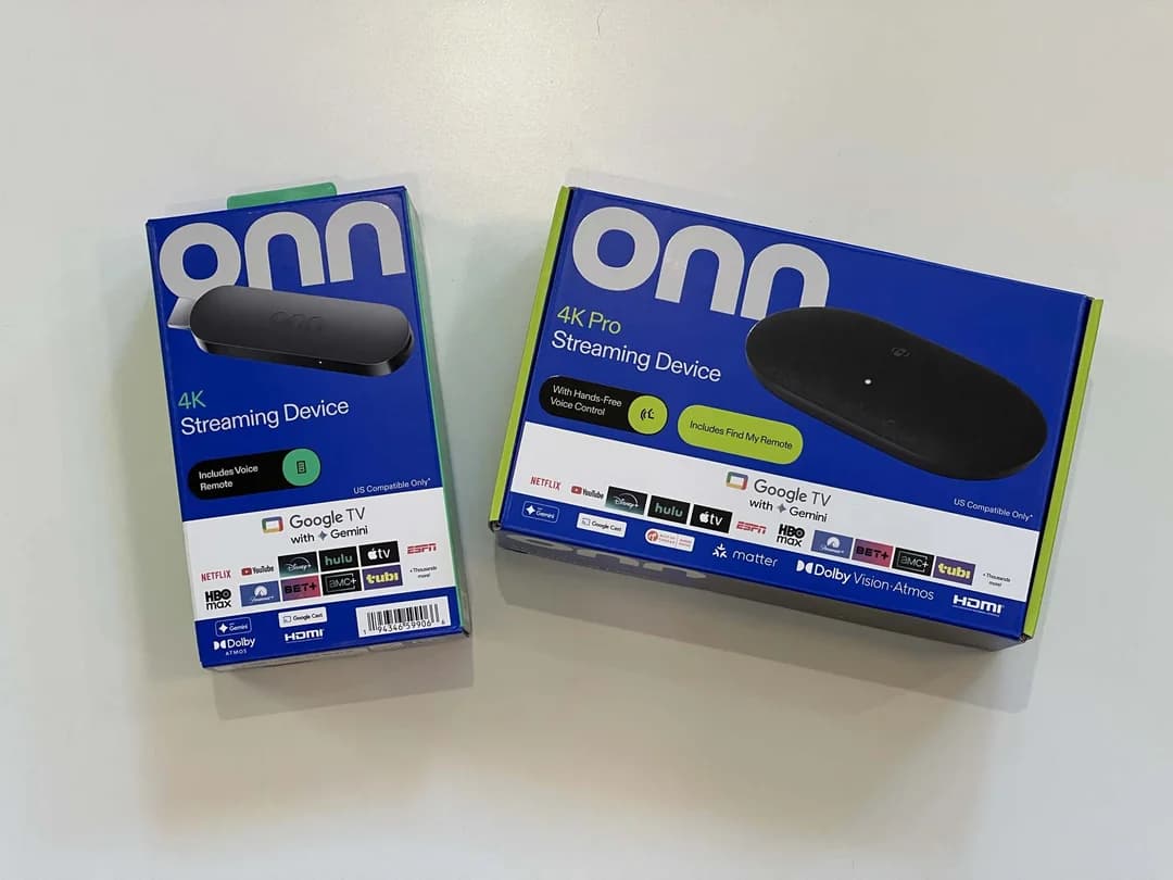 Onn 4K and Onn 4K Pro streaming devices — both run Google TV and support TiviMate